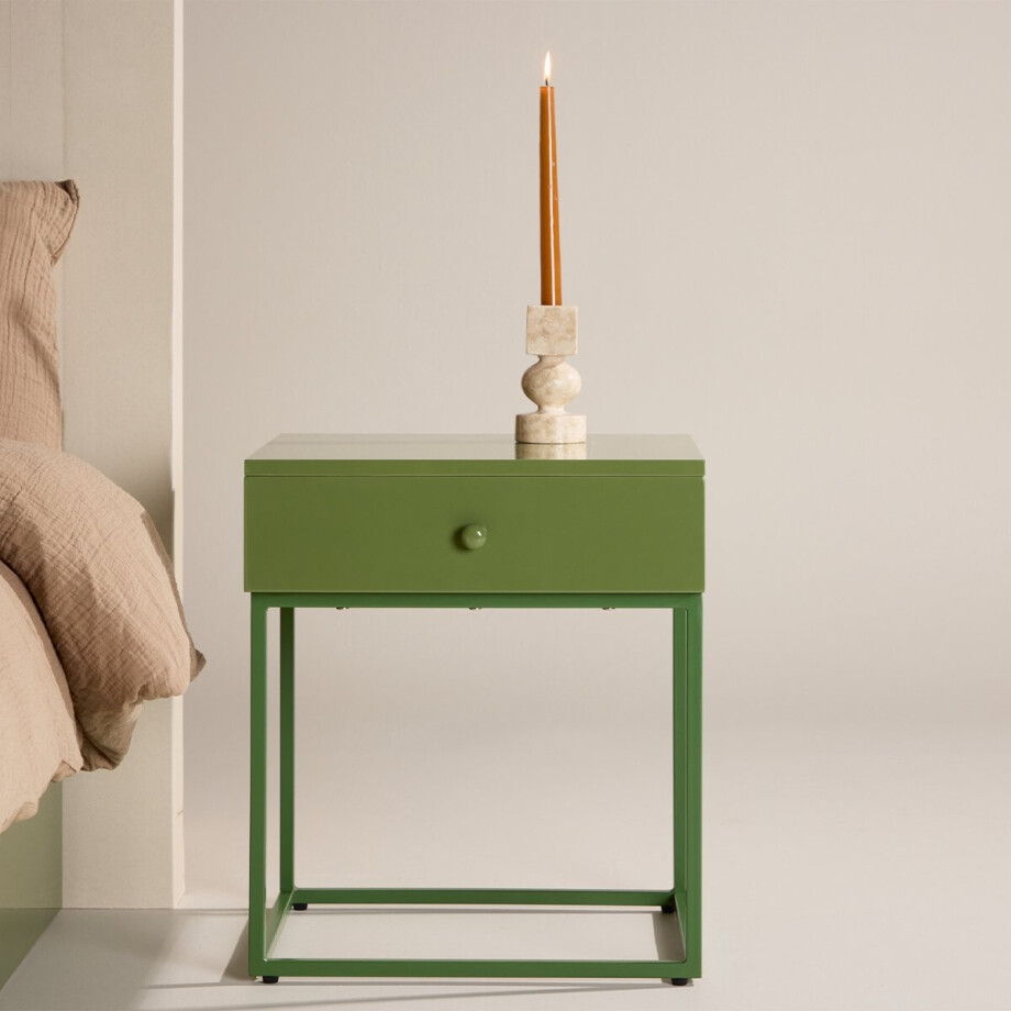 Nest living Lewis Nachtkastje Groen - Metaal - Met Lade - Industrieel - Modern - 43 x 41 x 50 cm afbeelding 1
