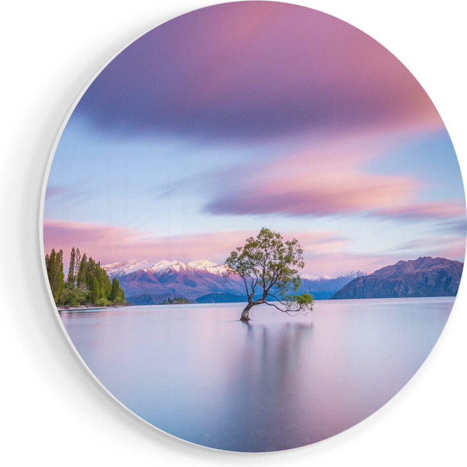 Artaza Forex Muurcirkel Wanaka Boom In Het Water Bij Zonsopgang - 80x80 cm - Groot - Wandcirkel - Rond Schilderij - Wanddecoratie Cirkel afbeelding 1