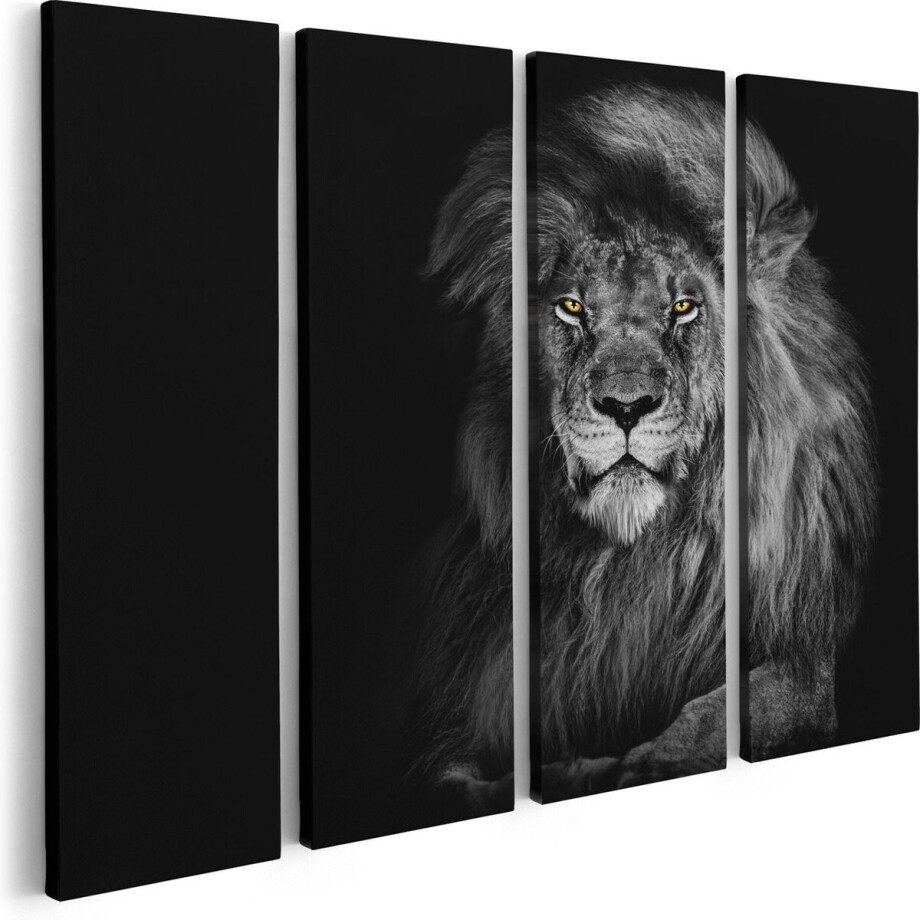 Artaza Canvas Schilderij Vierluik Leeuw Met Oranje Ogen - Zwart Wit - 80x60 - Foto Op Canvas - Canvas Print afbeelding 1