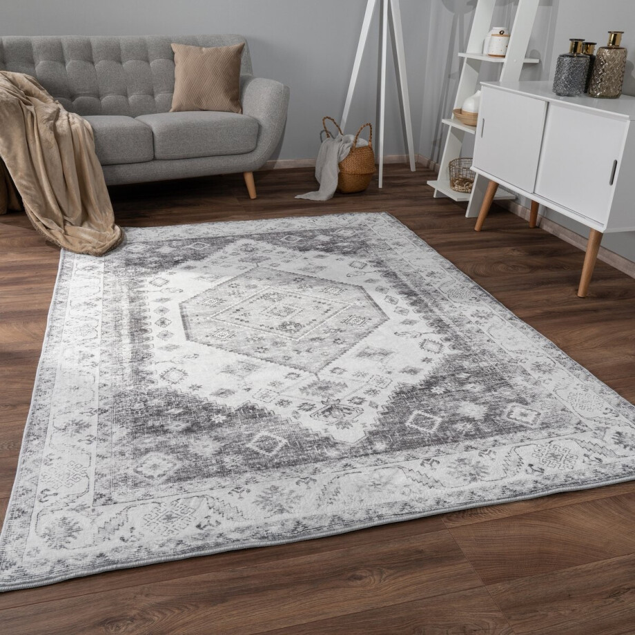 Flycarpets Cameris Vintage Vloerkleed Grijs - 120x160 cm - Wasbaar Tapijt - Laagpolig afbeelding 1