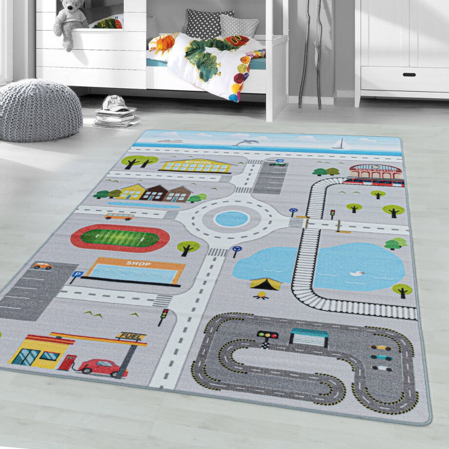 Flycarpets Kindervloerkleed - Speelstraat - Grijs 100x150 cm Flycarpets Kindervloerkleed - Speelstraat - Grijs 100x150 cm afbeelding 1