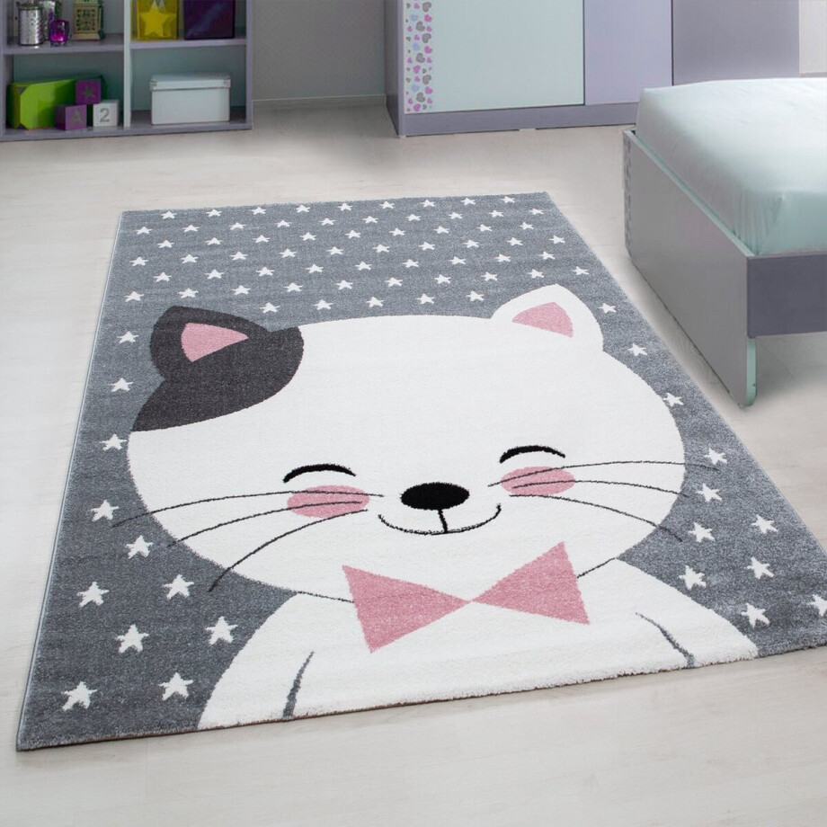 Flycarpets Flycarpets - Kids Kinderkamer Kat Roze Vloerkleed - 200x290 cm afbeelding 1