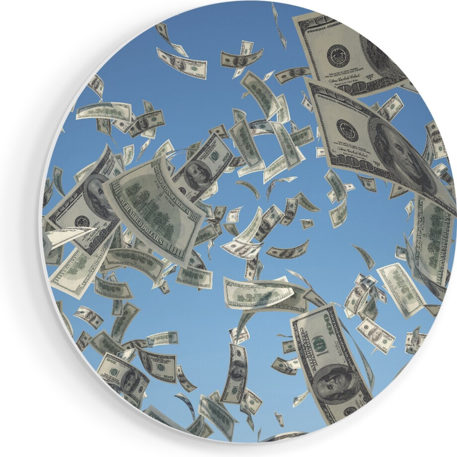 Artaza Forex Muurcirkel Dollarbiljetten in de Lucht - Geld - 90x90 cm - Groot - Wandcirkel - Rond Schilderij - Muurdecoratie Cirkel afbeelding 1