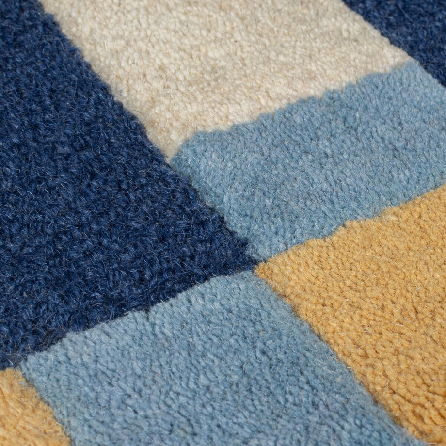 Flycarpets Laagpolig Wollen Vloerkleed Kai - Kader - Lijstmotief - Blauw / Geel 120x170 cm afbeelding 1