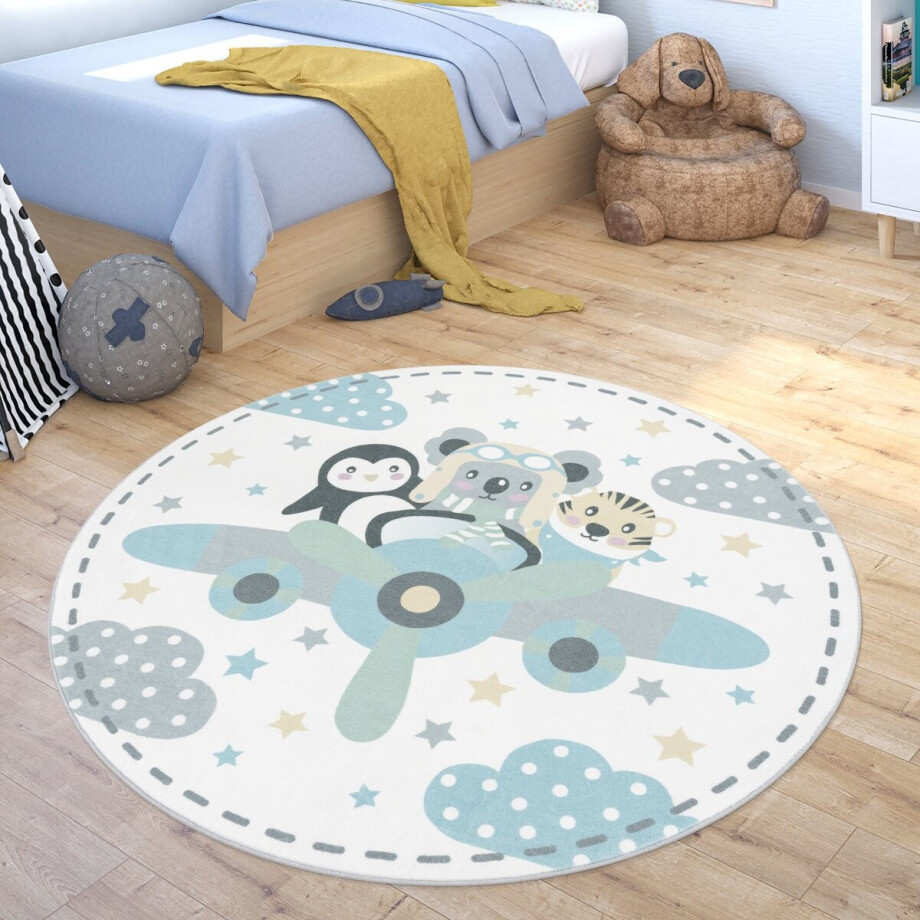 Paco Home Vloerkleed Kinderkamer Rond Tapijt Kinderkamer Vliegtuig Dieren Tijger Koala Beer Pinguïn 200 cm Rund afbeelding 1