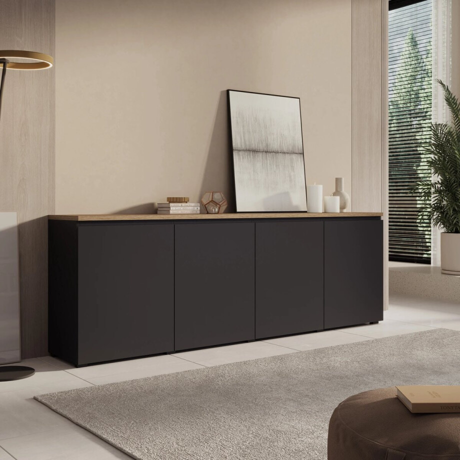 Meubella - Moss - Dressoir - Zwart/Eikenpatroon - 200x35x68 cm afbeelding 1