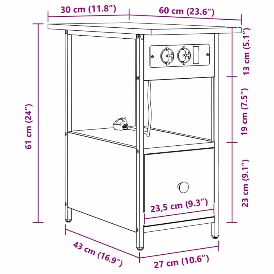 vidaXL - Nachtkastje - met - lade - Grijs - Sonoma - 60 - x - 30 - x - 61 - cm - Bewerkt - hout afbeelding 1