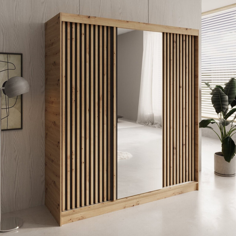 Meubella - Elles - Kledingkast met 3 schuifdeuren - Eiken - 180x60x204 cm afbeelding 1