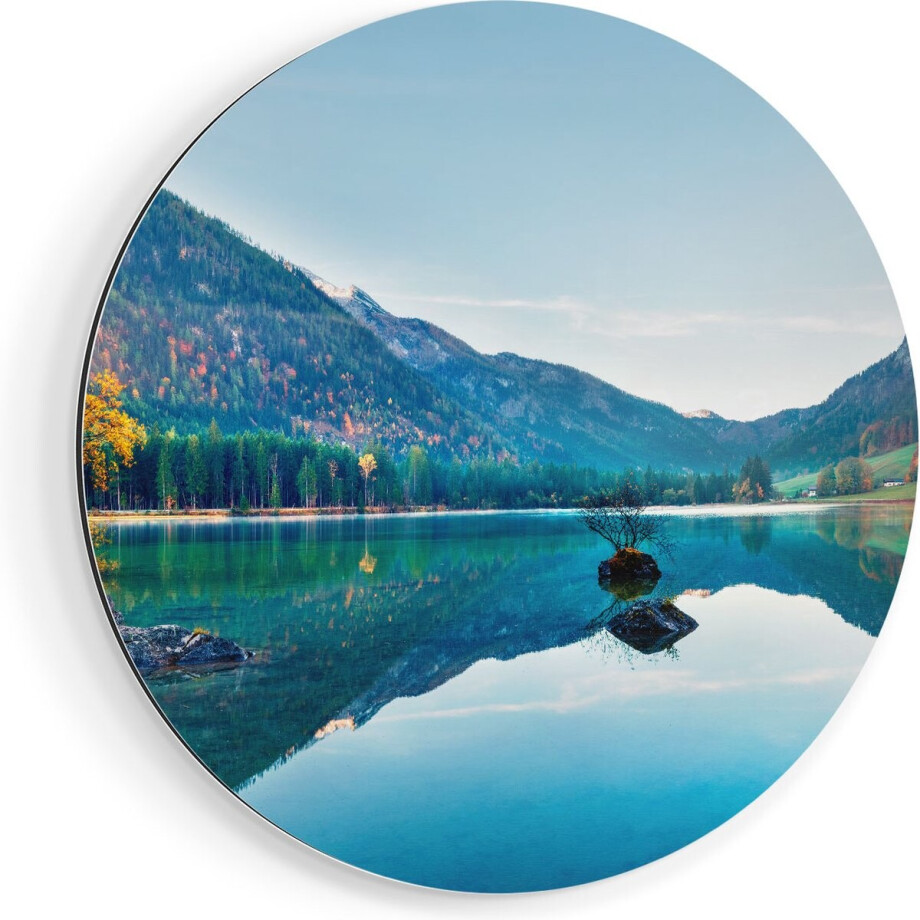 Artaza Dibond Muurcirkel Meer Met Herfstbomen - Ø 70 cm - Wandcirkel - Rond Schilderij - Voor Binnen en Buiten afbeelding 1
