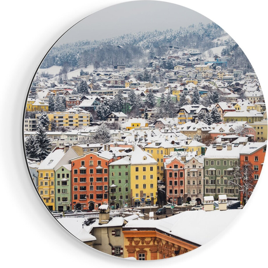 Artaza Dibond Muurcirkel Gekleurde Huisjes met Sneeuw in Oostenrijk - Ø 70 cm - Wandcirkel - Rond Schilderij - Voor Binnen en Buiten Artaza Dibond Muurcirkel Gekleurde Huisjes met Sneeuw in Oostenrijk - Ø 70 cm - Wandcirkel - Rond Schilderij - Voor Binnen en Buiten afbeelding 1