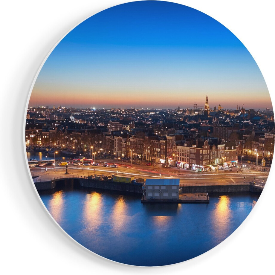 Artaza Forex Muurcirkel Amsterdam Centrum In De Nacht - 80x80 cm - Groot - Wandcirkel - Rond Schilderij - Wanddecoratie Cirkel afbeelding 1