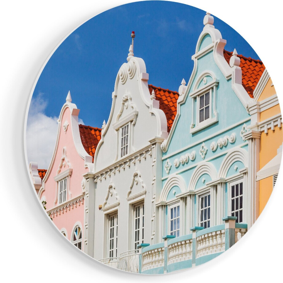 Artaza Forex Muurcirkel Aruba Kleurrijke Huisjes - Nederlandse Antillen - 80x80 cm - Groot - Wandcirkel - Rond Schilderij - Wanddecoratie Cirkel afbeelding 1