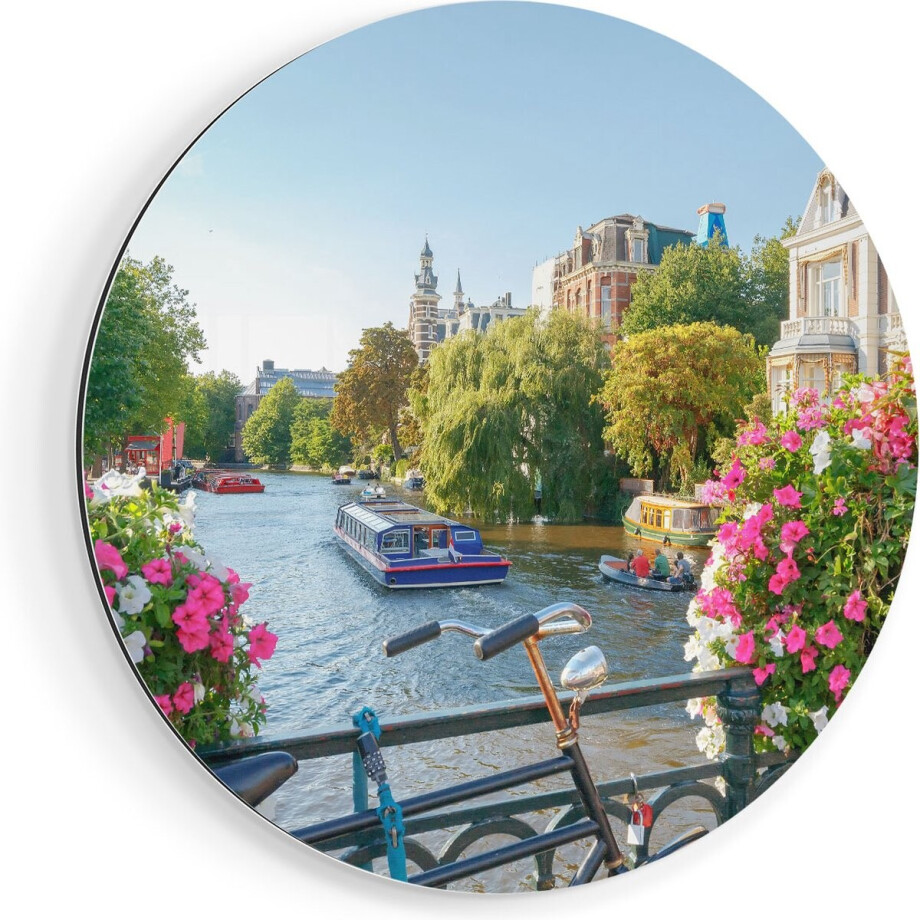 Artaza Dibond Muurcirkel Amsterdamse Kanaal Met Bloemen - Ø 80 cm - Groot - Wandcirkel - Rond Schilderij - Voor Binnen en Buiten afbeelding 1