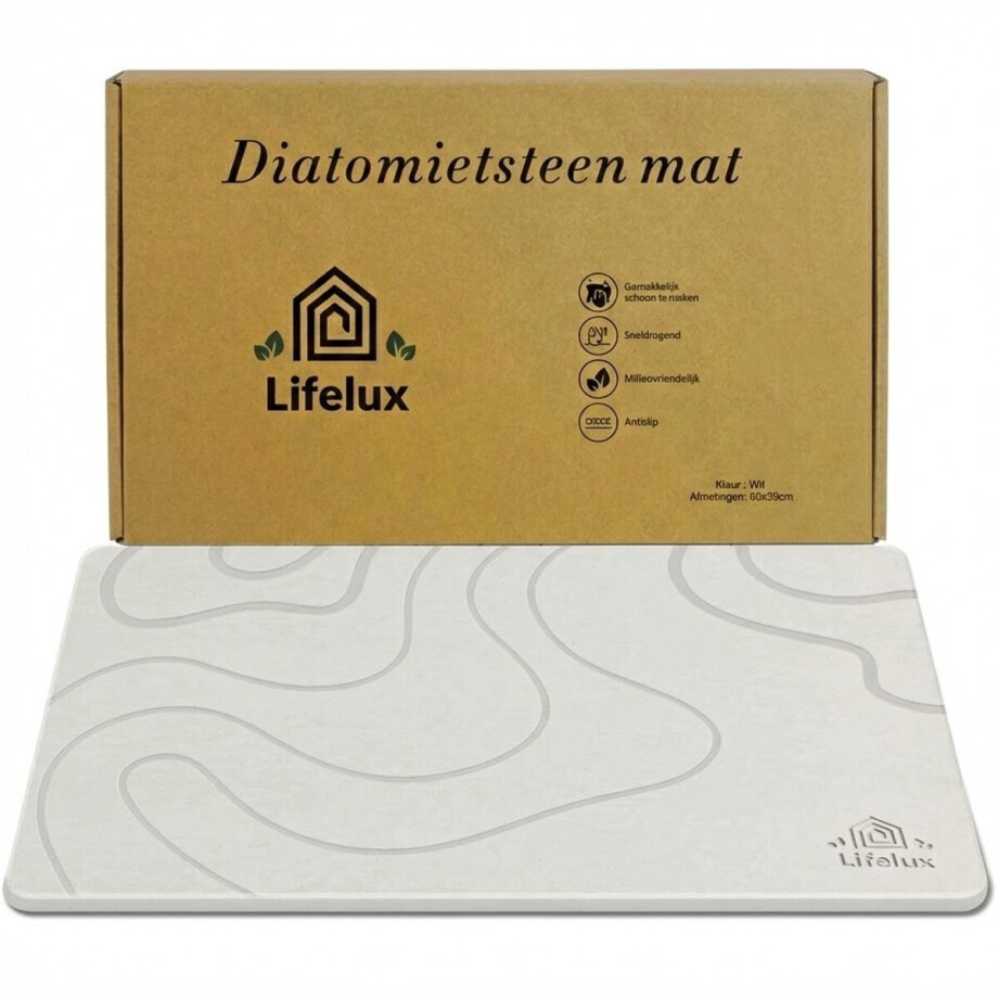 LifeLux Diatomiet Badmat Antislip Douchemat voor Badkamer 60x40 cm – Sneldrogend & Antibacterieel – Wit - Ecologische badmat 2026 afbeelding 1