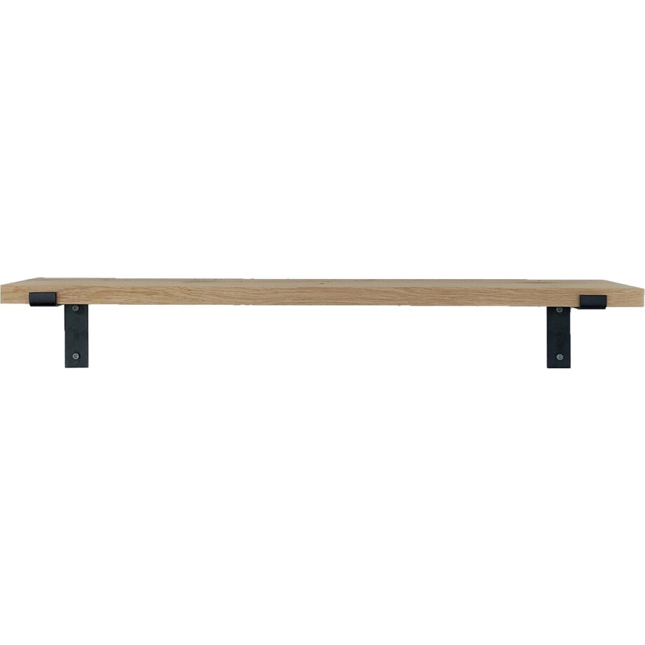 GoudmetHout - Massief eiken wandplank - 200 x 20 cm - Licht Eiken - Inclusief industriële plankdragers l-vorm mat zwart - lange boekenplank afbeelding 1