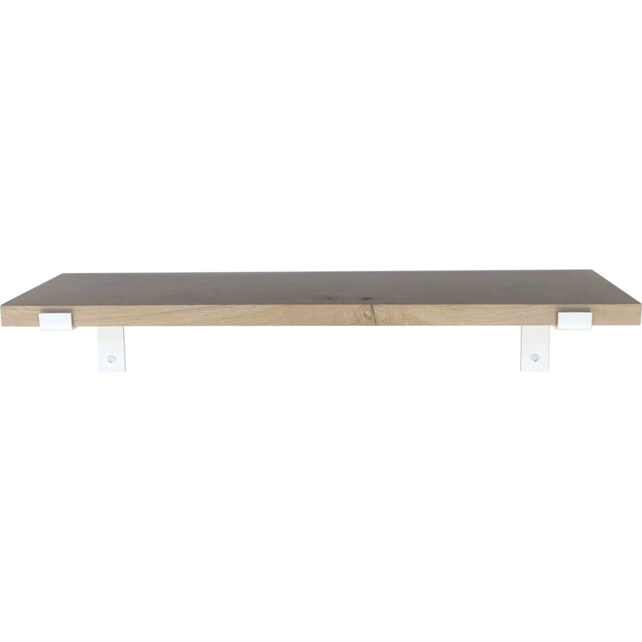 GoudmetHout - Massief eiken wandplank - 180 x 25 cm - Licht Eiken - Inclusief industriële plankdragers L-vorm MAT WIT - lange boekenplank afbeelding 1