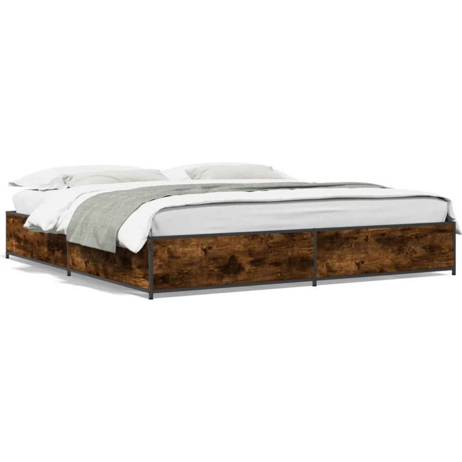 vidaXL - Bedframe - bewerkt - hout - metaal - gerookt - eikenkleurig - 200x200 - cm afbeelding 1