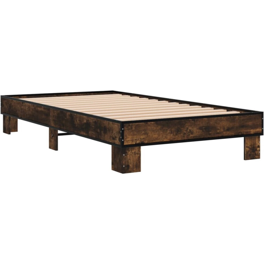 vidaXL - Bedframe - bewerkt - hout - en - metaal - gerookt - eikenkleurig - 100x200 - cm vidaXL - Bedframe - bewerkt - hout - en - metaal - gerookt - eikenkleurig - 100x200 - cm afbeelding 1