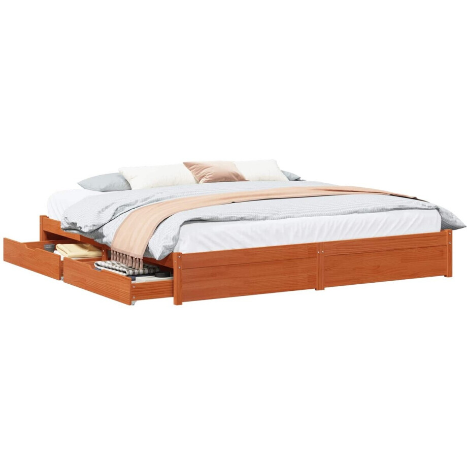 vidaXL - Bedframe - met - lade - Wasbruin - 200 - x - 200 - cm - Massief - vurenhout afbeelding 1