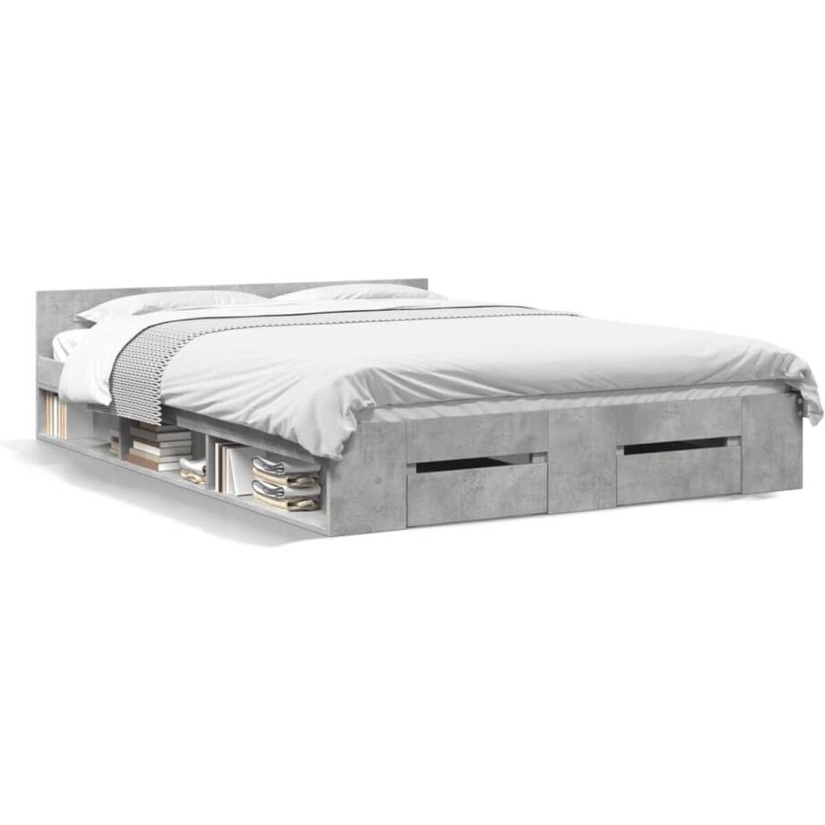 vidaXL - Bedframe - met - lades - bewerkt - hout - betongrijs - 135x190 - cm vidaXL - Bedframe - met - lades - bewerkt - hout - betongrijs - 135x190 - cm afbeelding 1