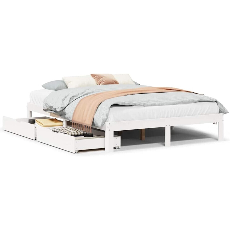 vidaXL - Bedframe - met - lades - massief - grenenhout - wit - 160x200 - cm afbeelding 1