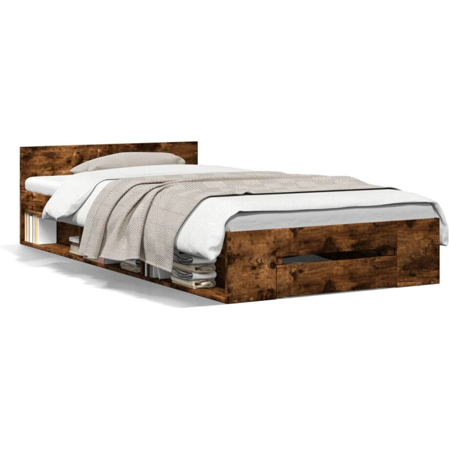 vidaXL - Bedframe - met - lade - bewerkt - hout - gerookt - eikenkleurig - 90x190 - cm vidaXL - Bedframe - met - lade - bewerkt - hout - gerookt - eikenkleurig - 90x190 - cm afbeelding 1