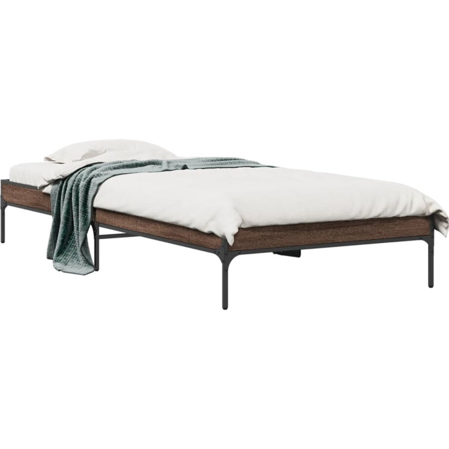 vidaXL - Bedframe - bewerkt - hout - en - metaal - bruin - eikenkleurig - 90x190 - cm vidaXL - Bedframe - bewerkt - hout - en - metaal - bruin - eikenkleurig - 90x190 - cm afbeelding 1