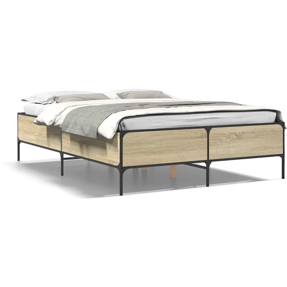 vidaXL - Bedframe - bewerkt - hout - metaal - sonoma - eikenkleurig - 120x200 - cm afbeelding 1