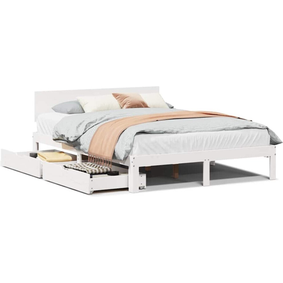 vidaXL - Bedframe - met - lades - massief - grenenhout - wit - 140x200 - cm afbeelding 1