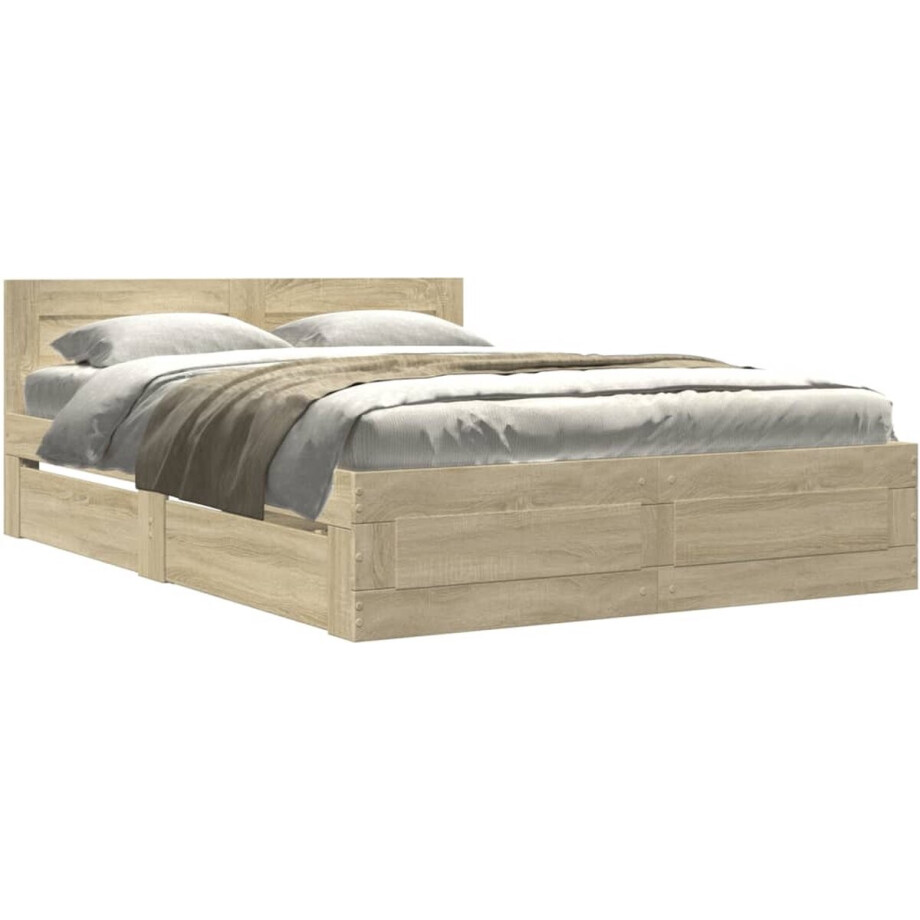 vidaXL - Bedframe - met - hoofdeinde - bewerkt - hout - sonoma - eiken - 140x200 - cm afbeelding 1