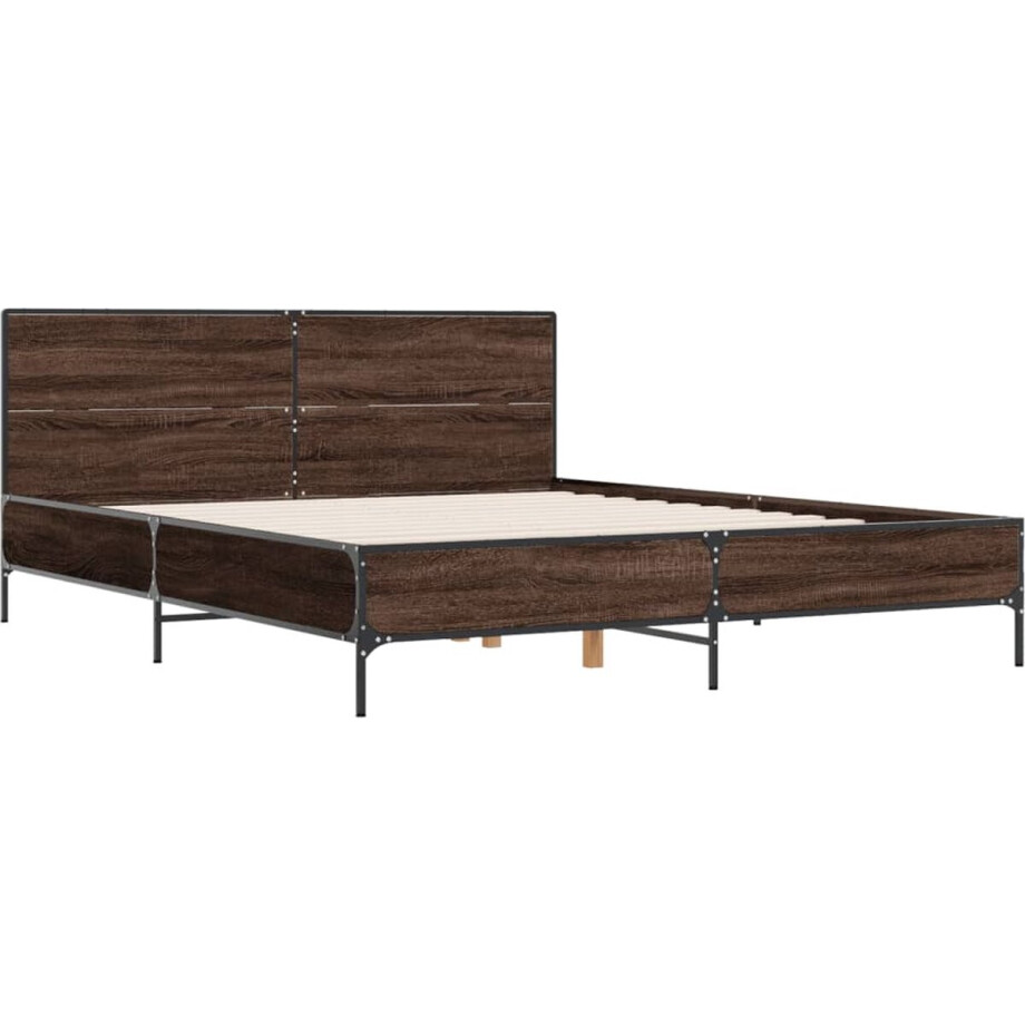 vidaXL - Bedframe - bewerkt - hout - metaal - bruin - eikenkleur - 140x200 - cm afbeelding 1