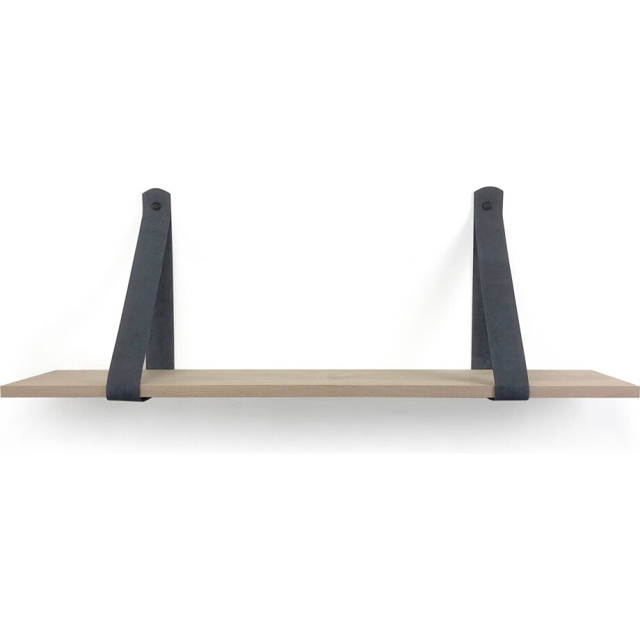 Eiken wandplank 18 mm 150 x 30 cm met leren riemen grijs - Eikenhouten wandplank - Wandplank hout - Leren plankdragers - Wandplank industrieel Eiken wandplank 18 mm 150 x 30 cm met leren riemen grijs - Eikenhouten wandplank - Wandplank hout - Leren plankdragers - Wandplank industrieel afbeelding 1