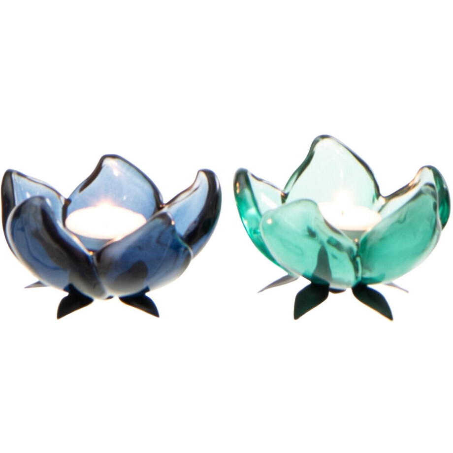 J-Line theelichthouder Bloem - glas - groen/blauw - small - set van 2 afbeelding 1