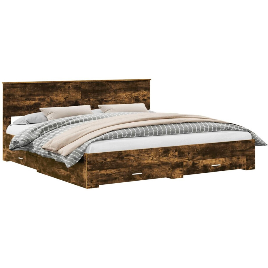 vidaXL - Bedframe - met - hoofdeinde - Rook - Eiken - 200 - x - 200 - cm - Bewerkt - hout afbeelding 1