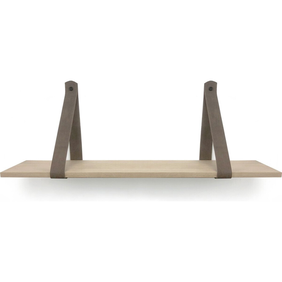 Eiken wandplank 18 mm recht 110 x 30 cm met leren riemen bruin - Eikenhouten wandplank - Eiken wandplank - Leren plankdragers - Fotoplank afbeelding 1