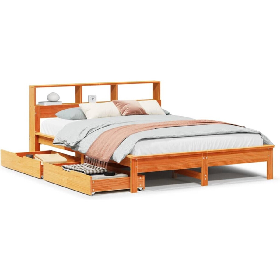vidaXL - Bed - met - boekenkast - zonder - matras - grenenhout - wasbruin - 120x200 - cm afbeelding 1