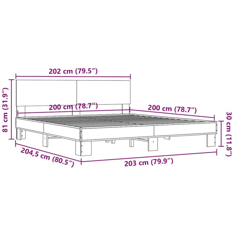 vidaXL - Bedframe - bewerkt - hout - metaal - sonoma - eikenkleurig - 200x200 - cm afbeelding 1