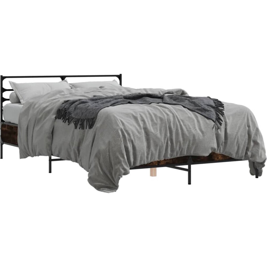 vidaXL - Bedframe - bewerkt - hout - metaal - gerookt - eikenkleurig - 135x190 - cm vidaXL - Bedframe - bewerkt - hout - metaal - gerookt - eikenkleurig - 135x190 - cm afbeelding 1