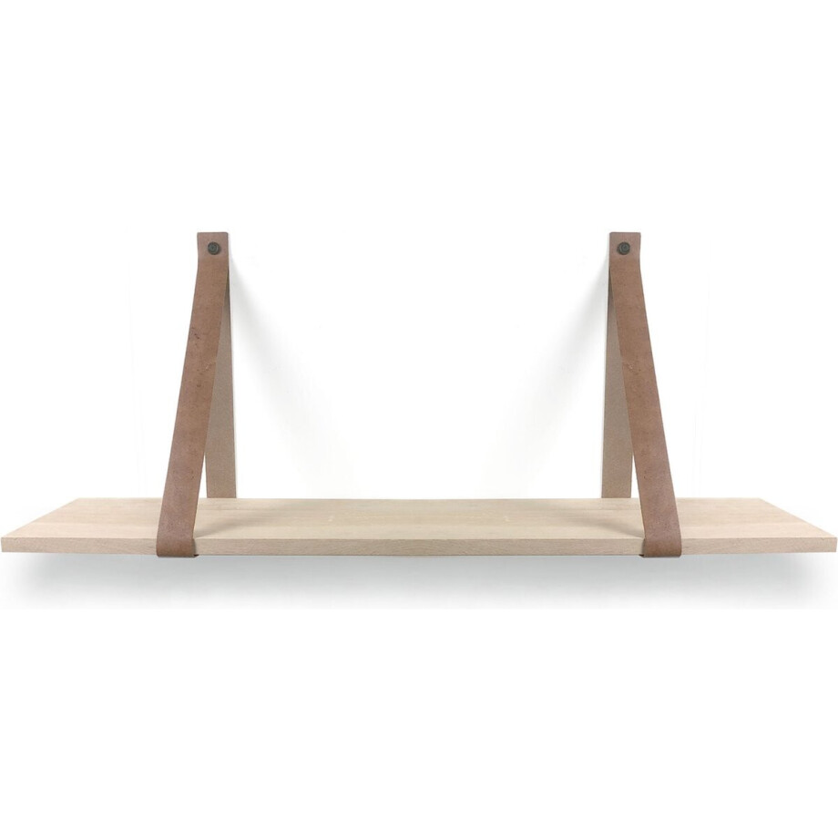 Eiken wandplank 18 mm recht 120 x 20 cm met leren riemen cognac - Eikenhouten wandplank - Eiken wandplank - Leren plankdragers - Fotoplank afbeelding 1