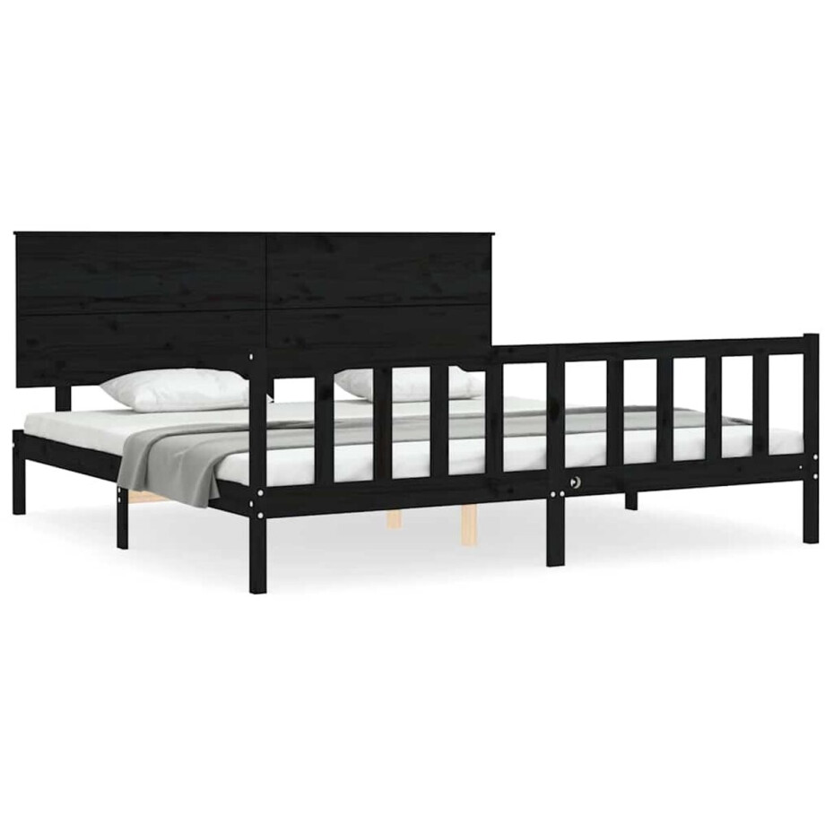 vidaXL - Bedframe - met - hoofdbord - massief - hout - zwart - 200x200 - cm vidaXL - Bedframe - met - hoofdbord - massief - hout - zwart - 200x200 - cm afbeelding 1