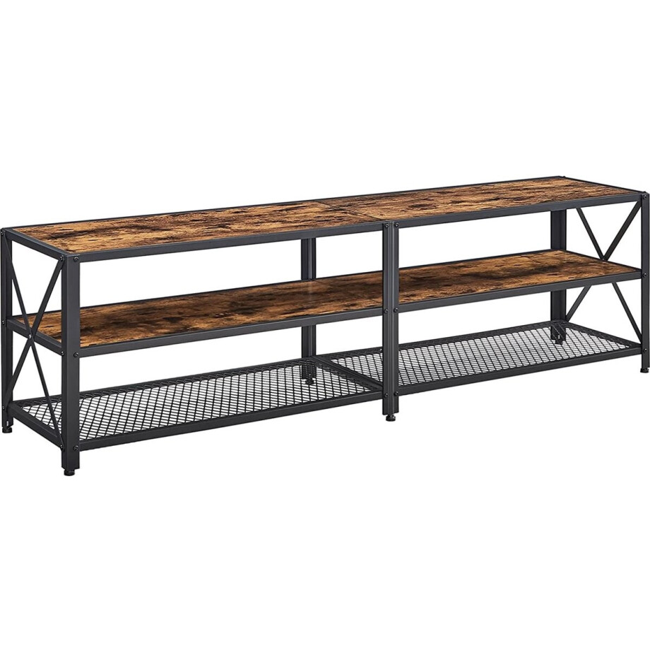 TV-meubel - Lowboard - Met planken - Stalen frame - Bruin-zwart TV-meubel - Lowboard - Met planken - Stalen frame - Bruin-zwart afbeelding 1