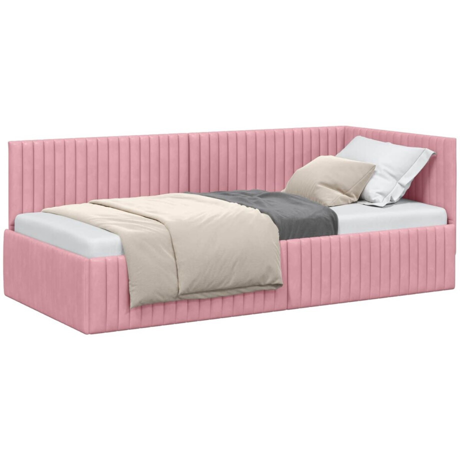vidaXL - Hoek - Bed - Frame - met - hoofdeinde - Roze - 90 - cm - x - 200 - cm - Fluweel afbeelding 1