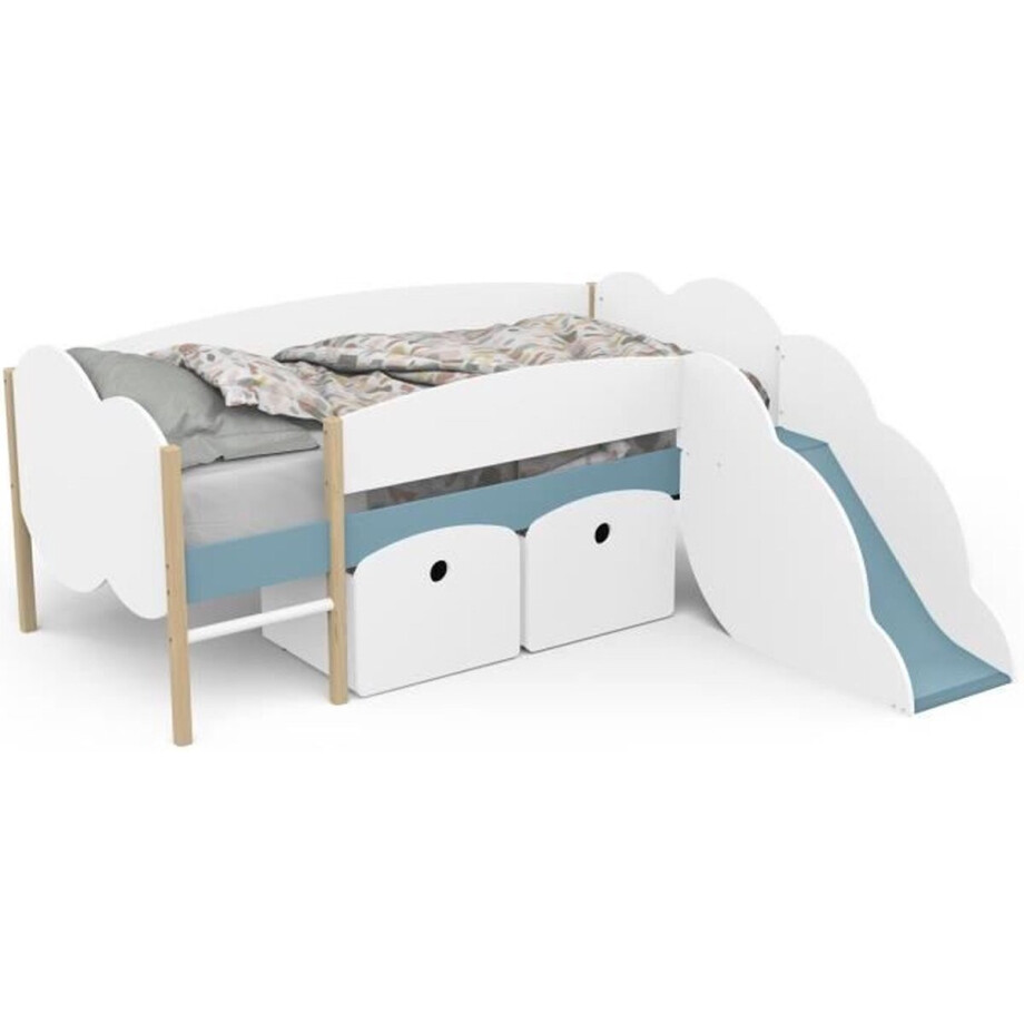 DEMEYERE Schuifbed - 90 x 200 cm - Lattenbodem - 2 Laden - Wit en stormblauw decor afbeelding 1