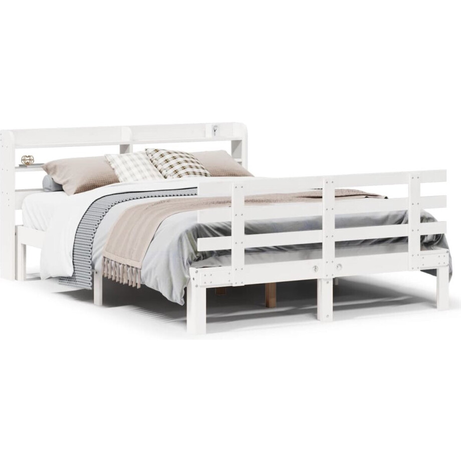 vidaXL - Bedframe - met - hoofdbord - massief - grenenhout - wit - 135x190 - cm afbeelding 1