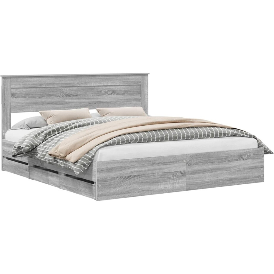 vidaXL - Bedframe - met - lade - Grijs - Sonoma - 200 - x - 200 - cm - Ingenieurshout afbeelding 1