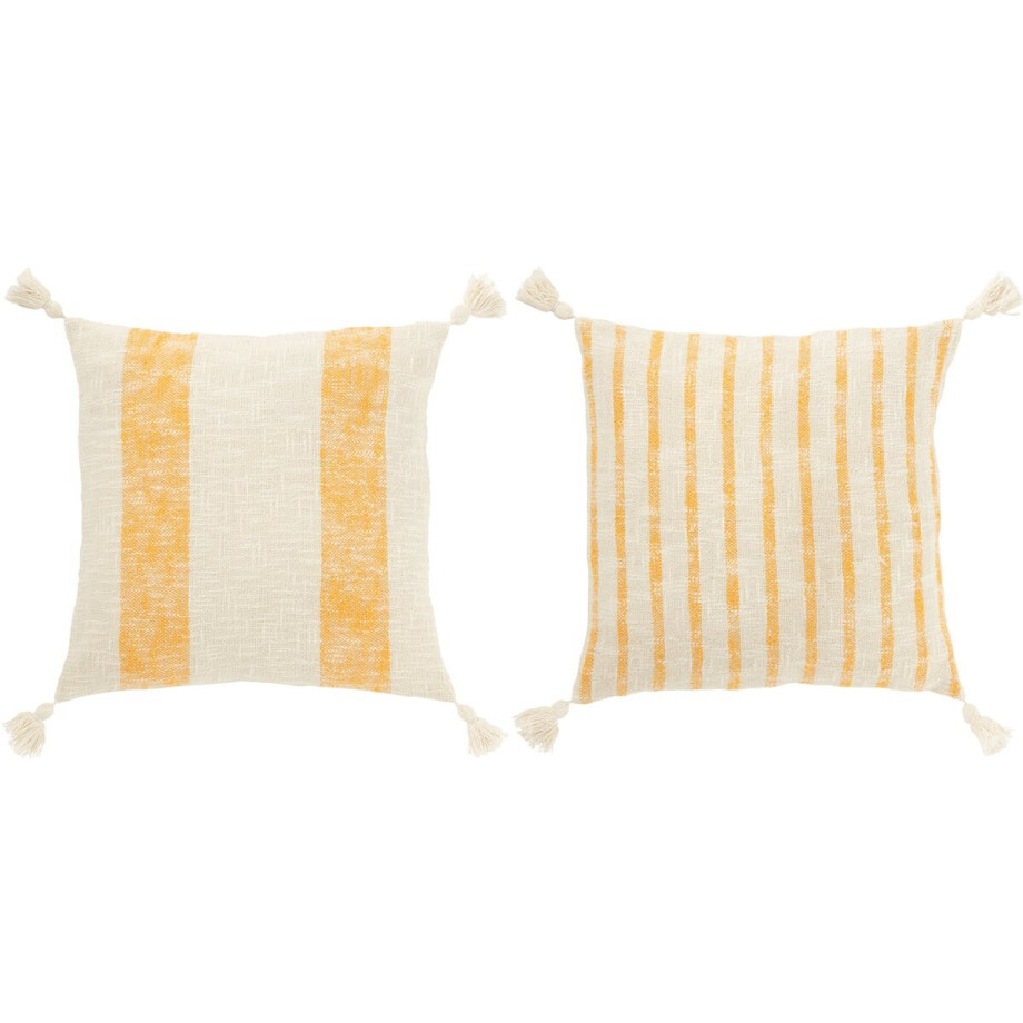 J-Line kussen Vierkant Strepen + Kwasten - katoen - wit/oranje - 2 stuks J-Line kussen Vierkant Strepen + Kwasten - katoen - wit/oranje - 2 stuks afbeelding 1