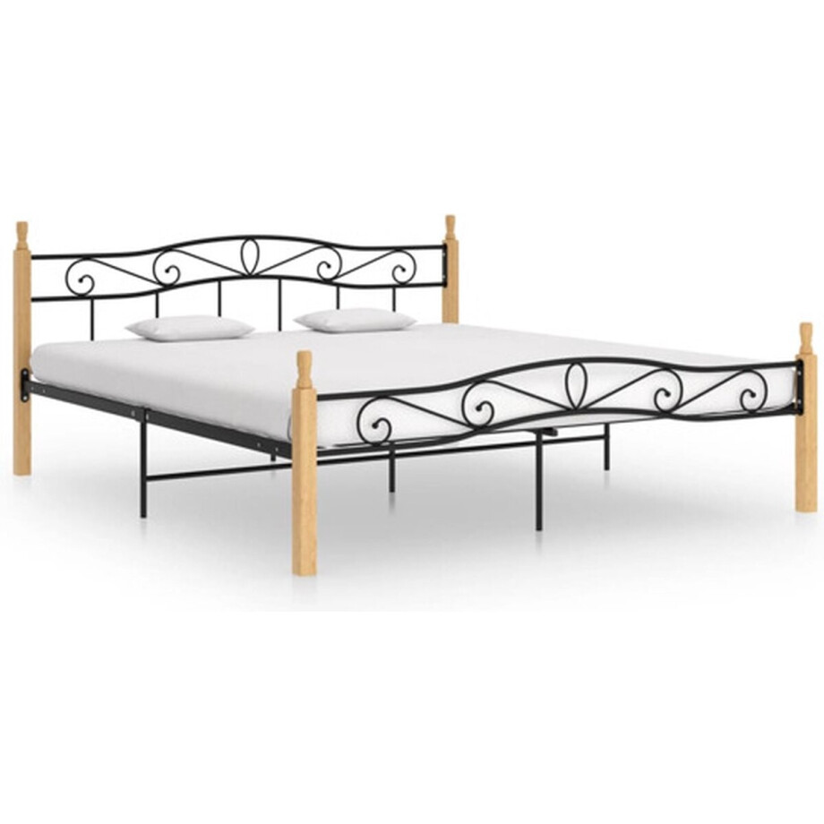 vidaXL - Bedframe - metaal - en - massief - eikenhout - zwart - 200x200 - cm vidaXL - Bedframe - metaal - en - massief - eikenhout - zwart - 200x200 - cm afbeelding 1
