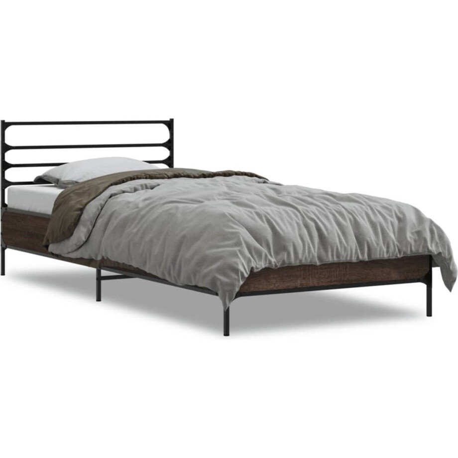 vidaXL - Bedframe - bewerkt - hout - en - metaal - bruin - eikenkleurig - 75x190 - cm vidaXL - Bedframe - bewerkt - hout - en - metaal - bruin - eikenkleurig - 75x190 - cm afbeelding 1