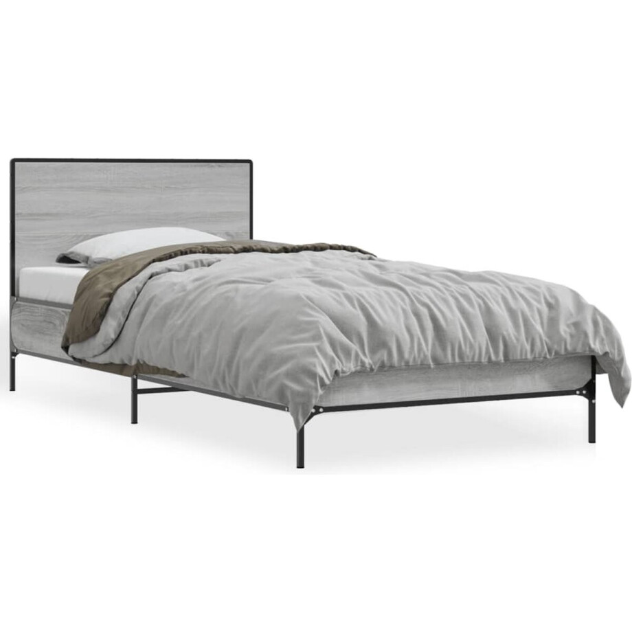 vidaXL - Bedframe - bewerkt - hout - en - metaal - grijs - sonoma - eiken - 100x200 - cm afbeelding 1