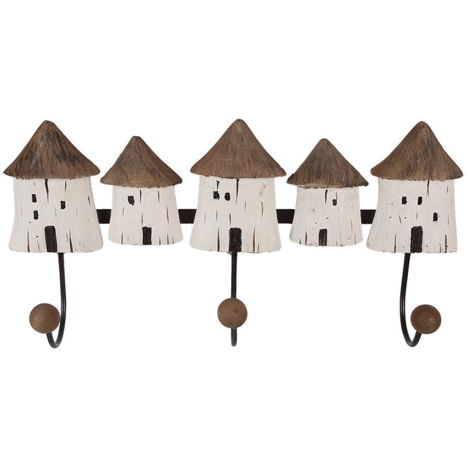 Clayre & Eef Wandkapstok 38x8x19 cm Wit Bruin Hout Huizen afbeelding 1